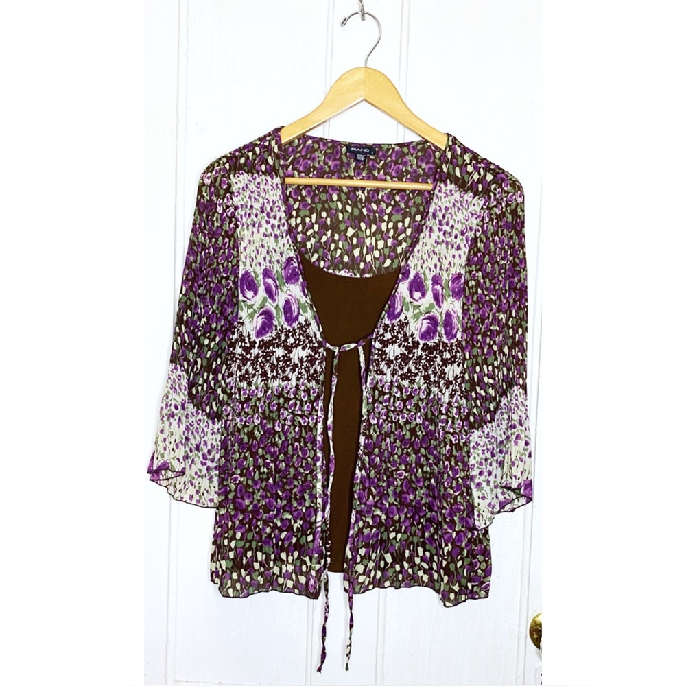 VINTAGE : Piano : size : S : Y2K purple and brown floral pleated tie blouse top
